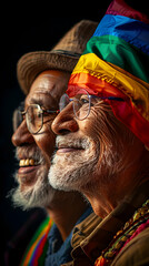 Inclusive Generations: Senior Citizens Profiles Blended with Pride Flag for Family and Community Support. Ideal for Ads