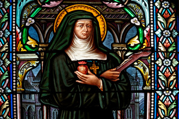 A stained glass of St. Jane Frances de Chantal, founder of the Visitation Order. Vitrail de Sainte...