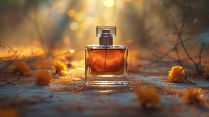 Close-up shot of perfume bottle with appropriate background, lighting and backdrop for advertising illustration, product presentation with space for text.