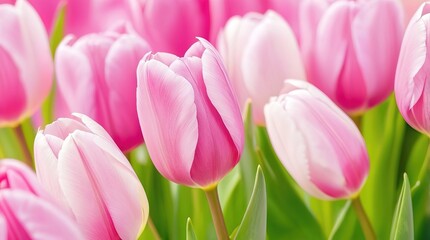 Fototapeta premium close-up of colorful pale pink tulips, field of flowers in spring