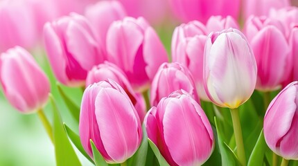 close-up of colorful pale pink tulips, field of flowers in spring