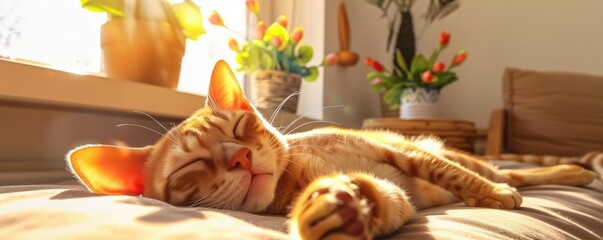 A cozy cat napping in the sunlight, surrounded by plants and a serene atmosphere, perfect for home decor inspiration.