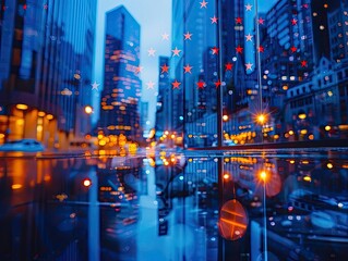 Obraz premium A city street at night, reflecting lights and buildings in a wet pavement.