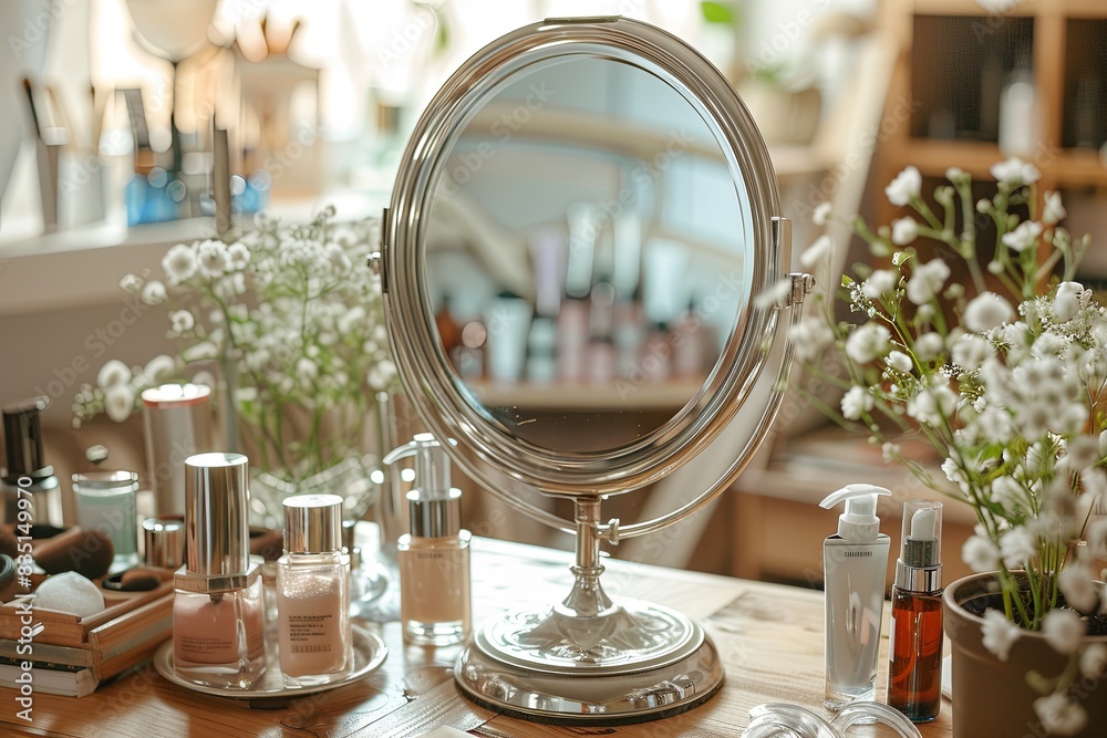 Poster A silver tabletop mirror with an array of cosmetics, showcasing an organized and stylish vanity. Generative AI