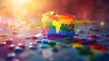 Prideful Unity: Fusion of Pride Month Imagery and Global Map Symbolizing Worldwide Acceptance and Support. Perfect for International and Community Ads. Photo Stock Concept