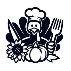 Thanksgiving day concept, turkey with fork and knife, with pumpkin. sticker for decoration on a white background. Vector