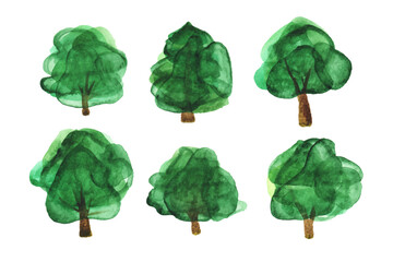 Watercolor set of green trees drawn from paint stains on paper. Nature vector illustration.