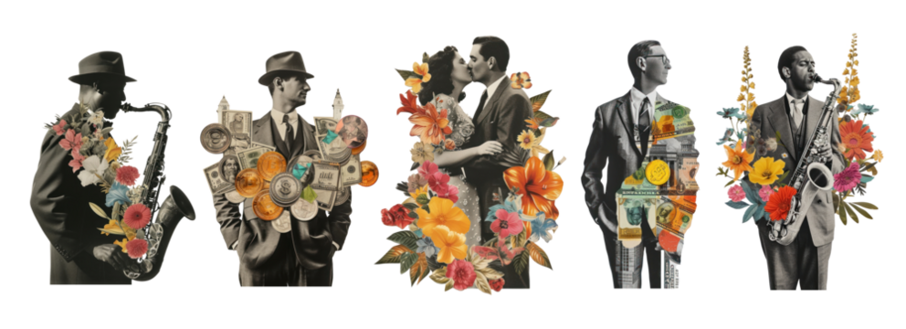 People collage with flower png on transparent background