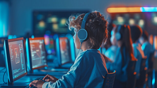 Boy wear headset streamer playing using computer or video game with winner expression at gaming room , Group of children learing computer together