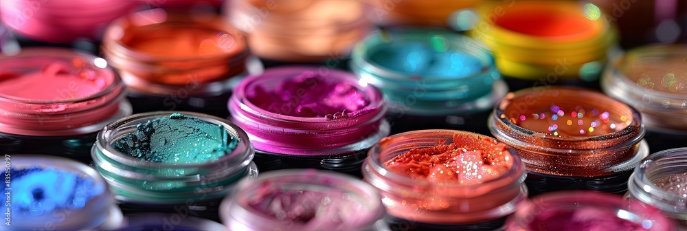 Poster A close-up view of a collection of colorful makeup pigments and powders in small jars. Generative AI