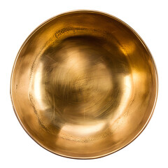 Golden brass bowl, top view, isolated on white background