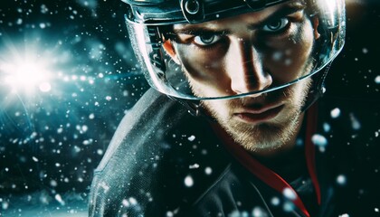 Intense Hockey Player in Action with Snow Spray