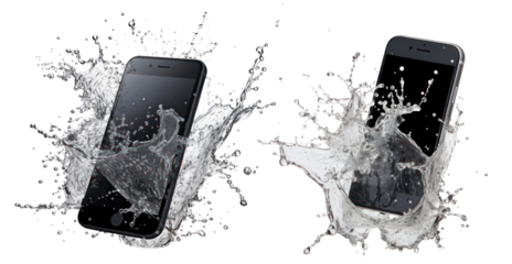 Mobile phone with splash water png on transparent background