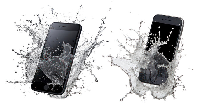 Mobile phone with splash water png on transparent background