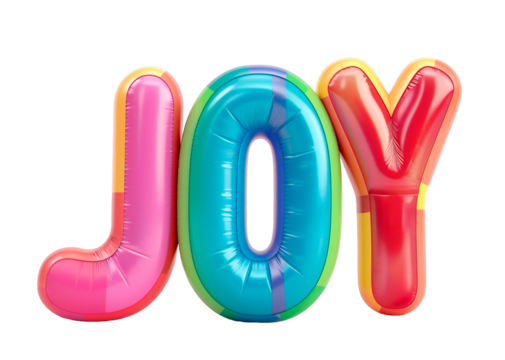 AI generated photo with inflatable color letters "JOY". Minimalistic balloon lettering isolated on a transparent background