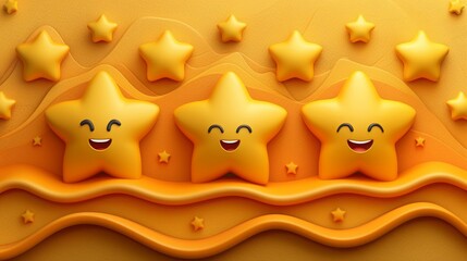 3D cartoon character stars with smile expression isolated on yellow wave, in the style of 3D cartoon, adorable cute character design, matte finishing textures,