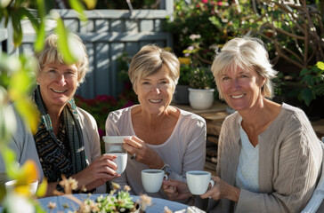 Three middle-aged women sitting on the terrace of their house, smiling and drinking coffee in white mugs