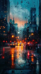 Obraz premium A view of a city street through a rain-streaked window, with blurred traffic lights and buildings.