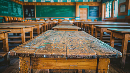 wide-angle shot of the entire classroom setting, showing the wooden desk in the foreground with its details