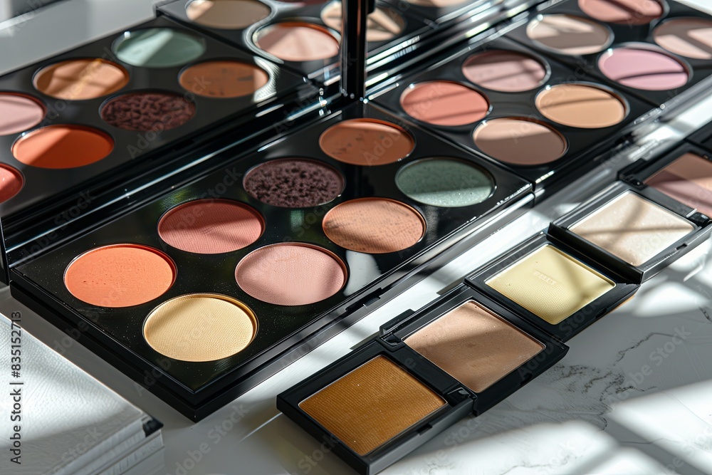 Poster A close-up view of colorful makeup palettes, including contouring and highlighter shades, neatly arranged on a light background. Generative AI
