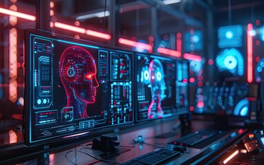 Obraz premium holographic display flat design side view, cyberpunk theme.