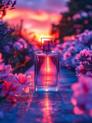 Close-up shot of perfume bottle with appropriate background, lighting and backdrop for advertising illustration, product presentation with space for text.