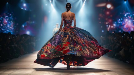 A woman in a colorful dress walking down a runway