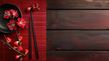 Chinese New Year table setting with red bamboo mat placeholder