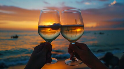 A couple of people holding up wine glasses