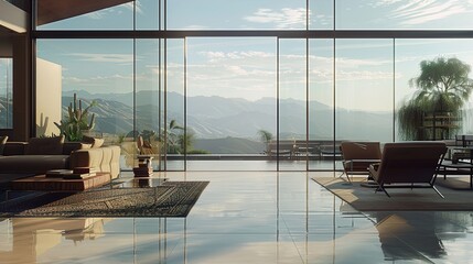 A detailed shot of a glass house's double-height windows, capturing the expansive view and the subtle frame design.