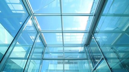 Closeup of a glass roof panel in a modern glass house, showcasing the precision in the installation and clear sky view.