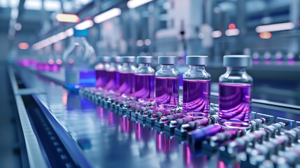 Fototapeta premium Photo of a production line for trendy colorful vials in a factory, with focus on one bottle filled with purple liquid