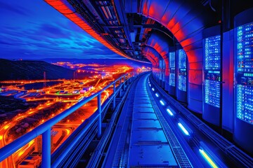 High-tech futuristic server room with glowing blue and orange lights, showcasing advanced technology and digital infrastructure.