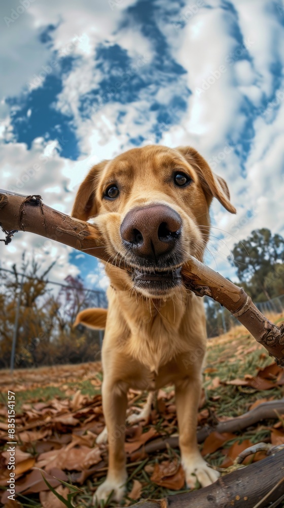 Canvas Prints a dog holding a stick in its mouth