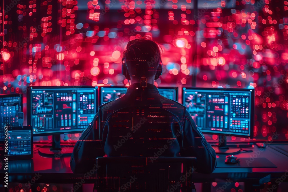 Wall mural tech professional analyzing multiple screens of code in a dark room filled with red data lights, foc