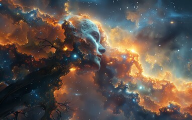 Surreal depiction of a nebula forming a human face in the cosmos, blending fantasy with the wonders of outer space.