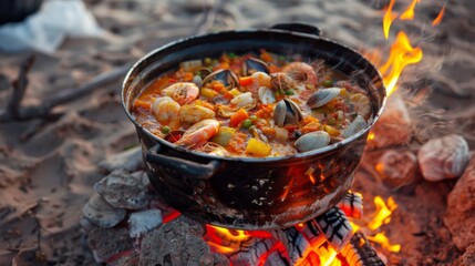 A seafood stew simmering in a pot filled with shrimp, clams, fish, and vegetables, bubbling over an open flame on a beach bonfire.