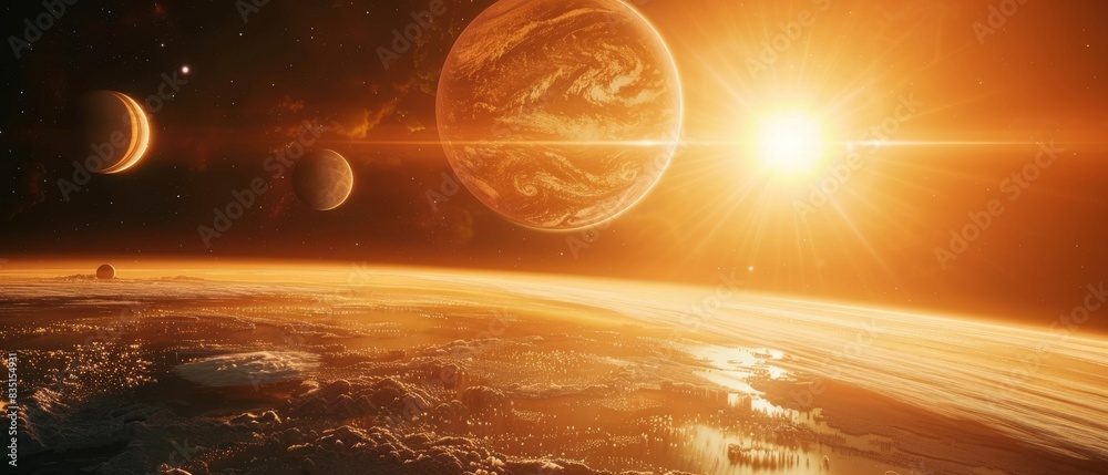 Wall mural a planet with three moons and a sun in the background