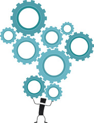 Hard work, stick figure. A stick figure holding on his head a lot of gear.