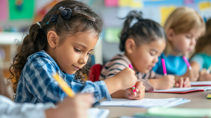 Obraz premium Kids filling out health goal worksheets in the classroom a dynamic and dramatic composition, with cope space