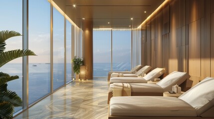 Fototapeta premium A serene spa lounge with comfortable seating and panoramic views of the ocean, providing a tranquil space for relaxation and contemplation.
