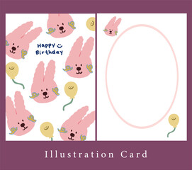 cute pink rabbit with yellow air balloon on white background. illustration birthday card decoration. greeting card for blessing.
