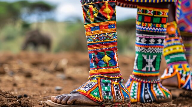 Detailed shot of Maasai legs in vibrant attire, showcasing intricate beadwork and cultural patterns in a Kenyan setting