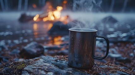 Detailed shot of a metal cup filled with hot coffee, steam rising, and a warm campfire flickering in the background