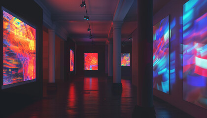 Contemporary Avant Art Gallery mockup showcasing bold light projection art in a dark, immersive space, blending light, color, and motion for dramatic effects,