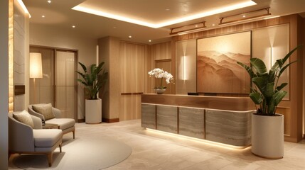 A serene spa reception area with a welcoming front desk, comfortable seating, and soothing decor to greet guests upon arrival.
