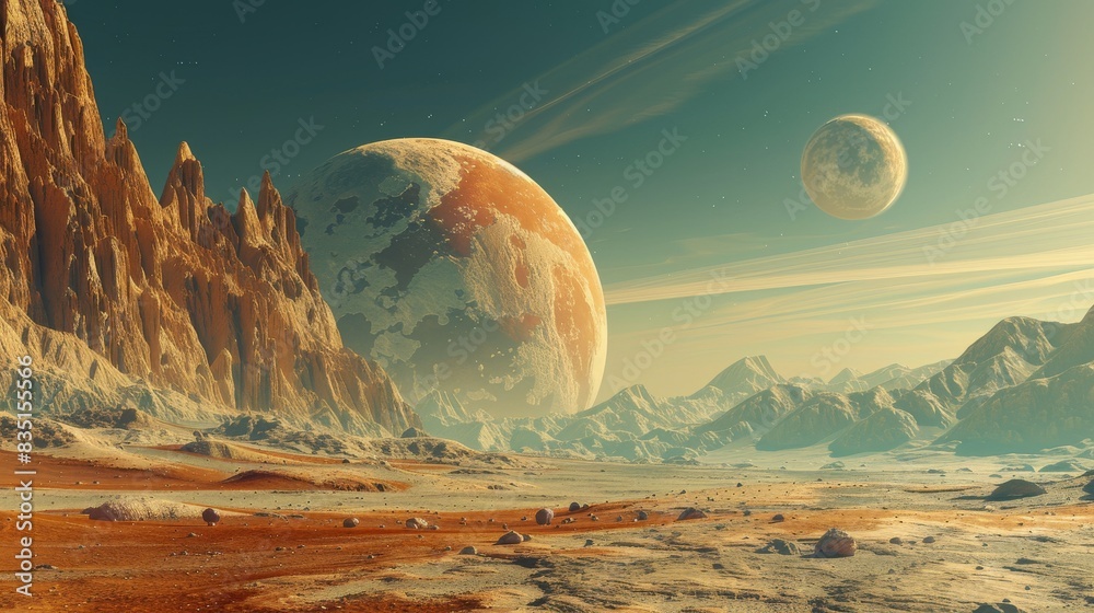 Wall mural a desolate landscape with two large planets in the sky