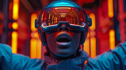 Close-up photo of a woman who is excited while using a Virtual Reality device to watch media through modern technology, futuristic concept, excited, happy, surprised.