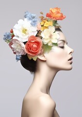 Fashion studio concept. Elegant girl with a bouquet of flowers on her head. AI generated