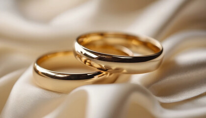 Two golden wedding rings on beige draped satin. 